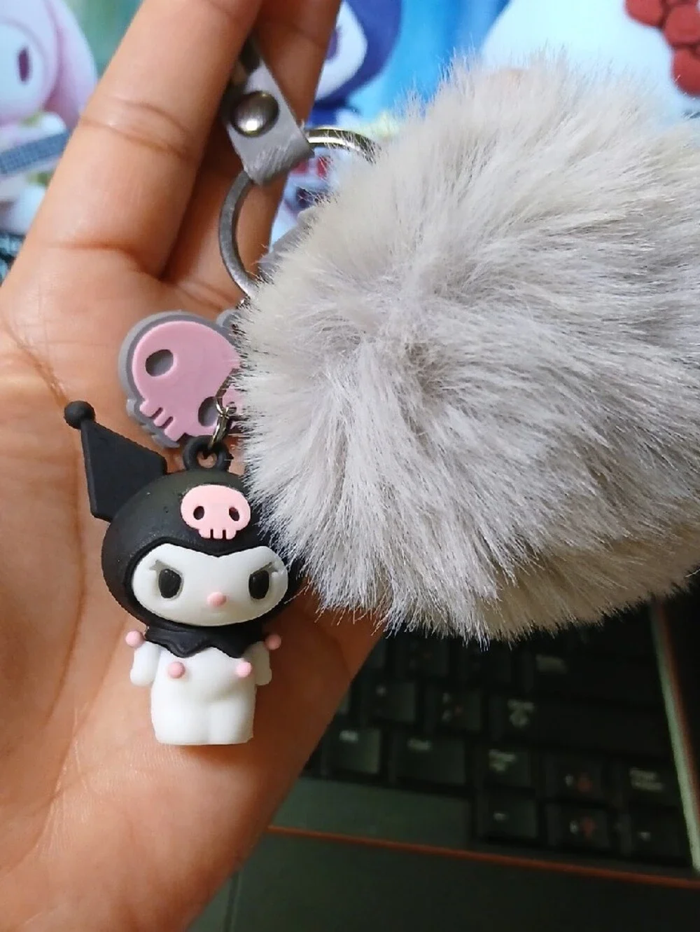 Kuromi Plush Pom Keychain - Gray Fur with Pink/Black Kuromi Charm